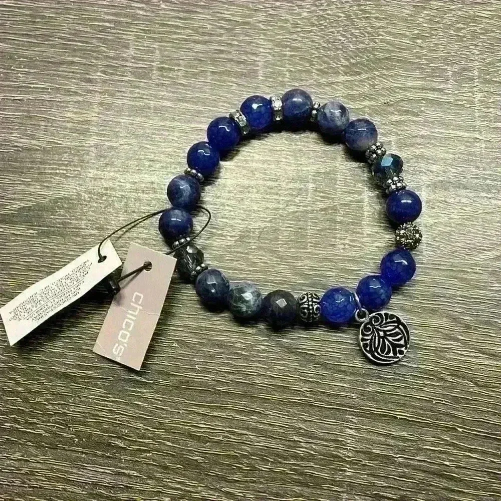 Nwt Chicos Stretchy Blue And Silver Toned Bracelet With Rhinestones